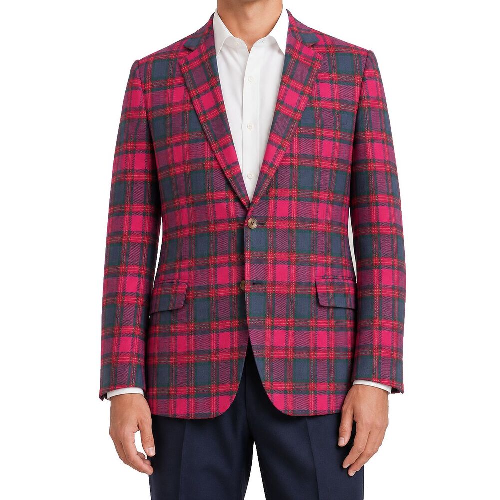 Mens Lambswool Blazer 44R Pink Green Tartan Plaid Sport Coat Jacket Preppy Party